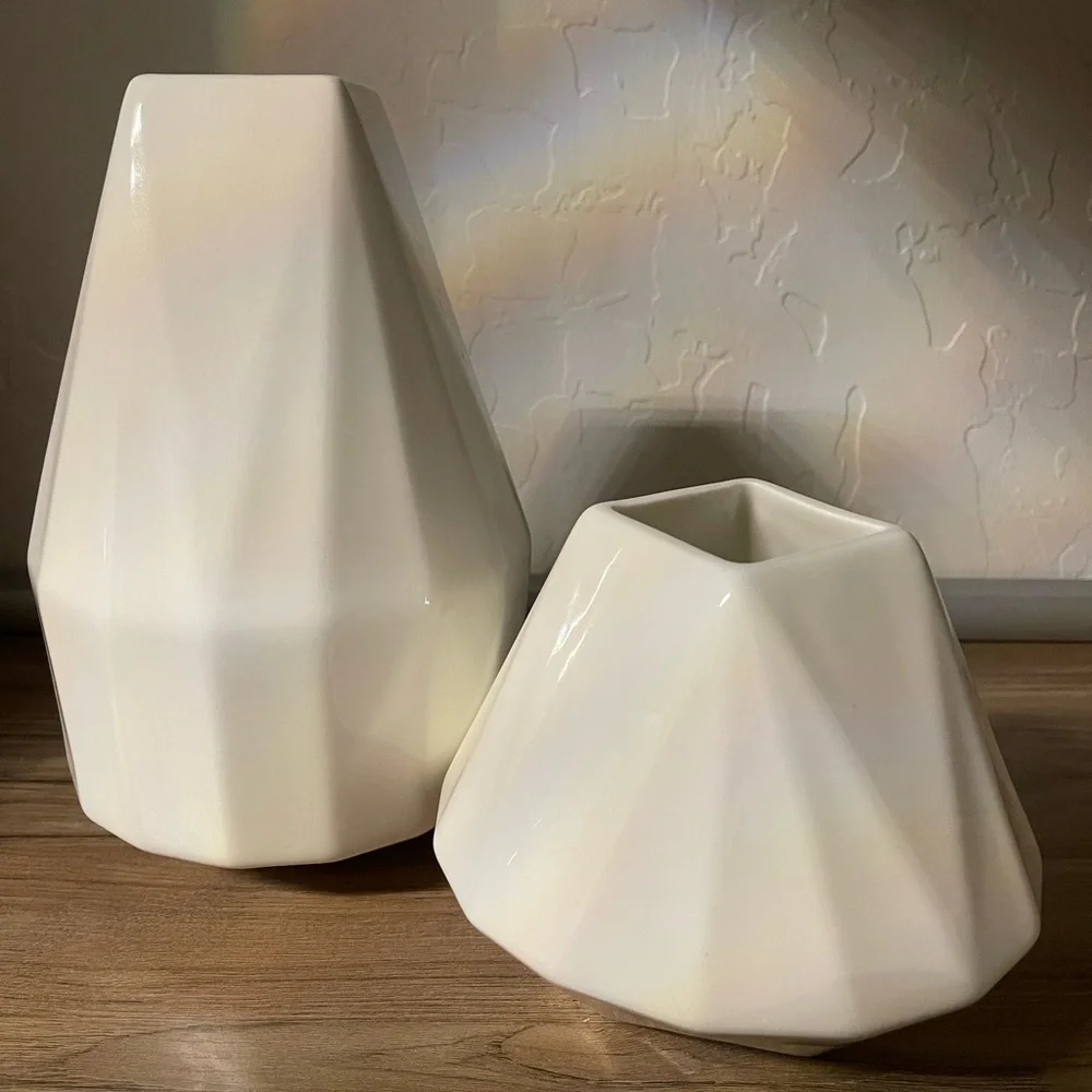 West Elm Diamond Shaped Faceted Porcelain Vases White (Set of 2)